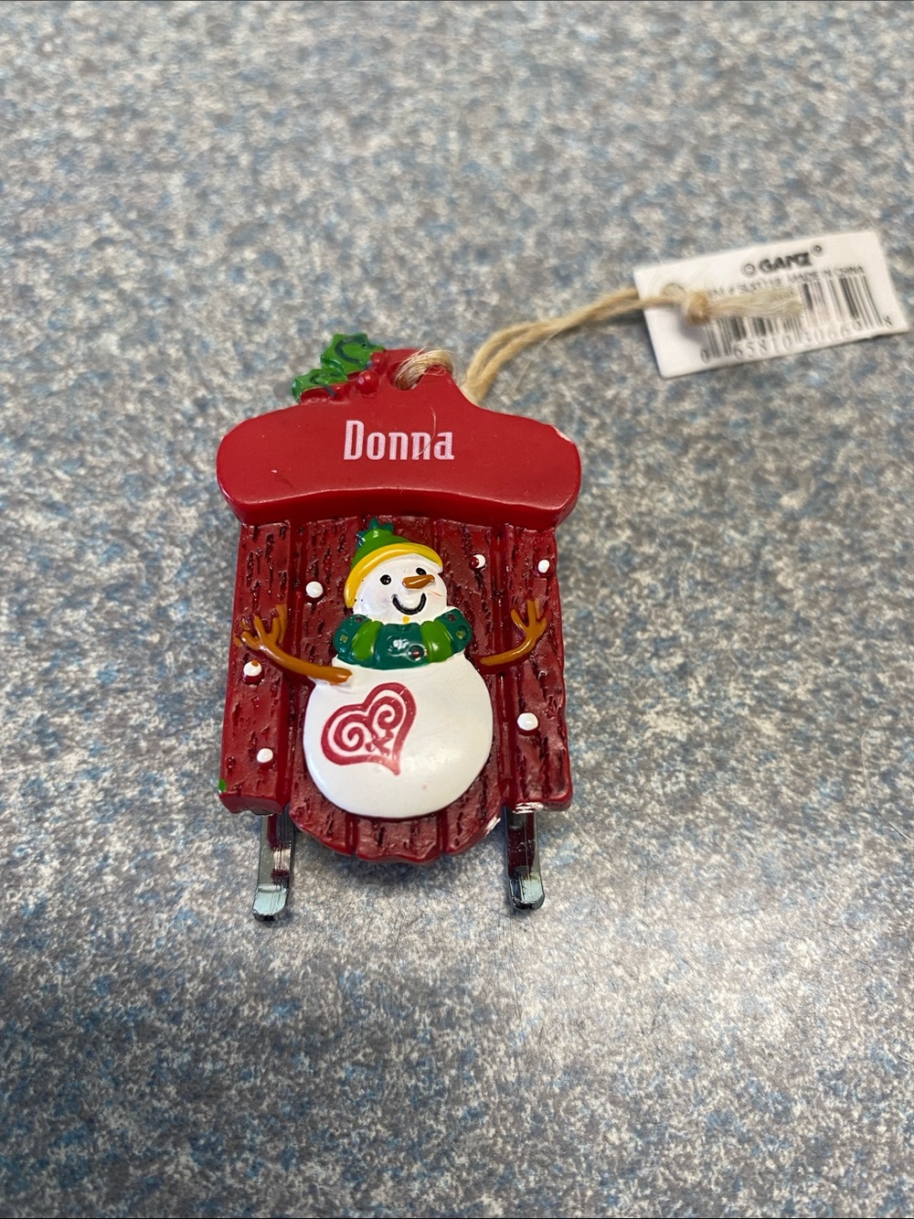 GANZ NEW Red Sled with Snowman Ornament with The Name Donna on top of Sled